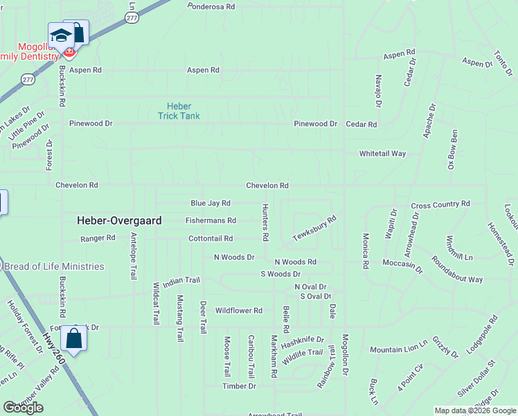 map of restaurants, bars, coffee shops, grocery stores, and more near 2157 Blue Jay Road in Heber-Overgaard