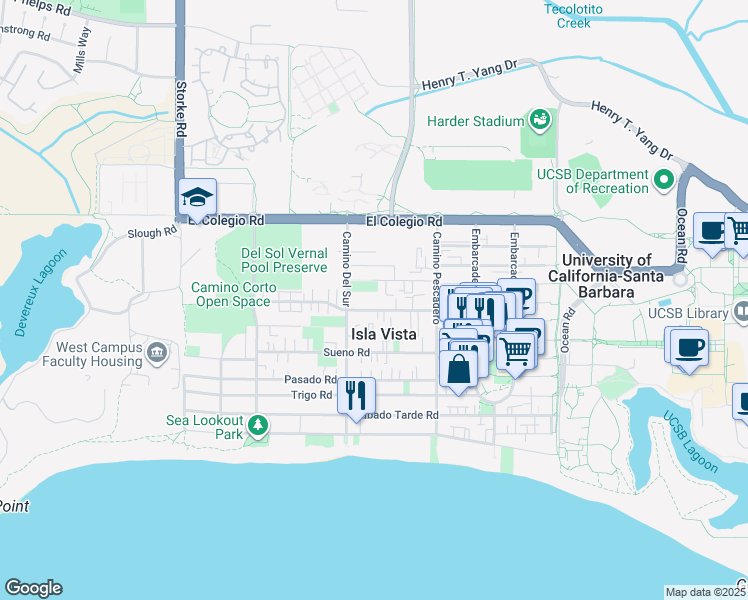 map of restaurants, bars, coffee shops, grocery stores, and more near 6672 Abrego Road in Isla Vista
