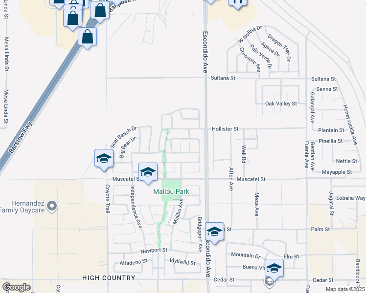 map of restaurants, bars, coffee shops, grocery stores, and more near 9037 Calico Court in Hesperia