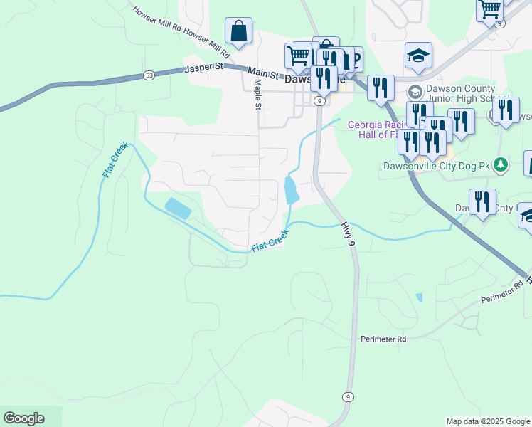 map of restaurants, bars, coffee shops, grocery stores, and more near 42 Pearl Chambers Court in Dawsonville