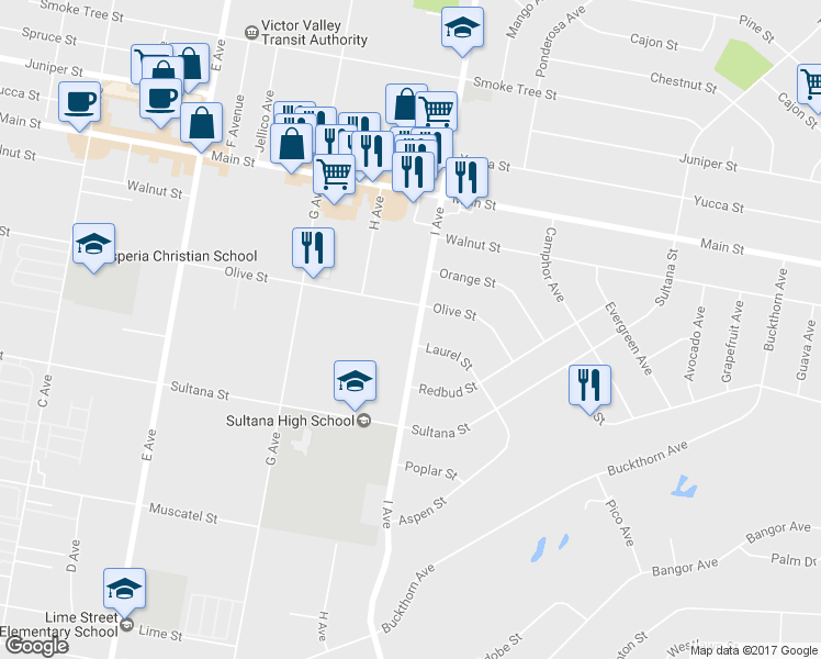 map of restaurants, bars, coffee shops, grocery stores, and more near 8892 I Avenue in Hesperia