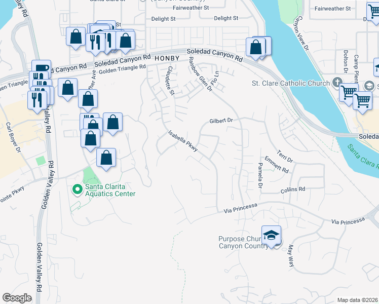 map of restaurants, bars, coffee shops, grocery stores, and more near 26807 Serrano Place in Santa Clarita