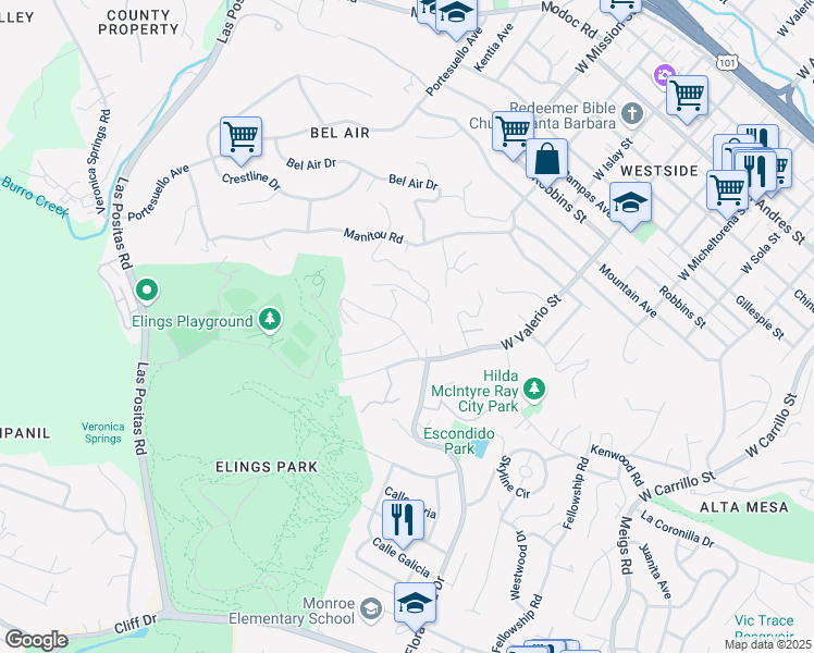 map of restaurants, bars, coffee shops, grocery stores, and more near 1732 Calle Poniente in Santa Barbara