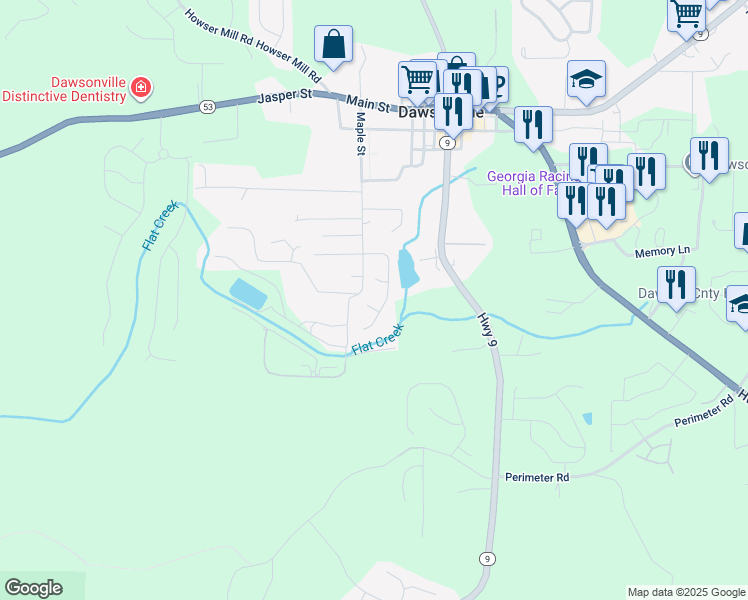 map of restaurants, bars, coffee shops, grocery stores, and more near 38 Pearl Chambers Court in Dawsonville