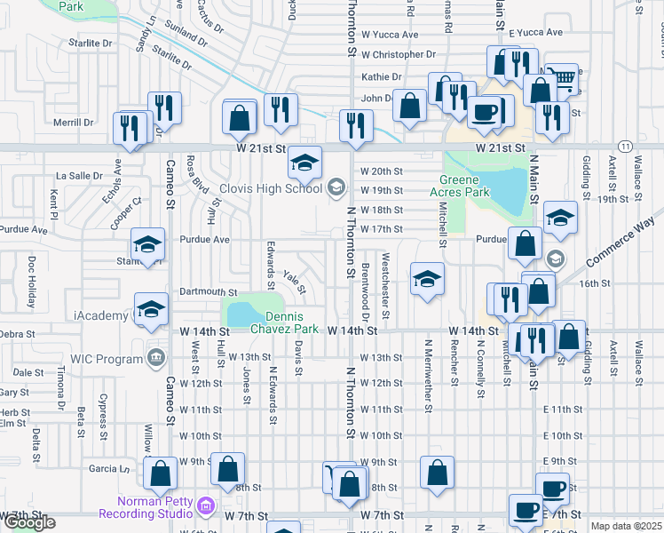 map of restaurants, bars, coffee shops, grocery stores, and more near 1513 N Reid St in Clovis