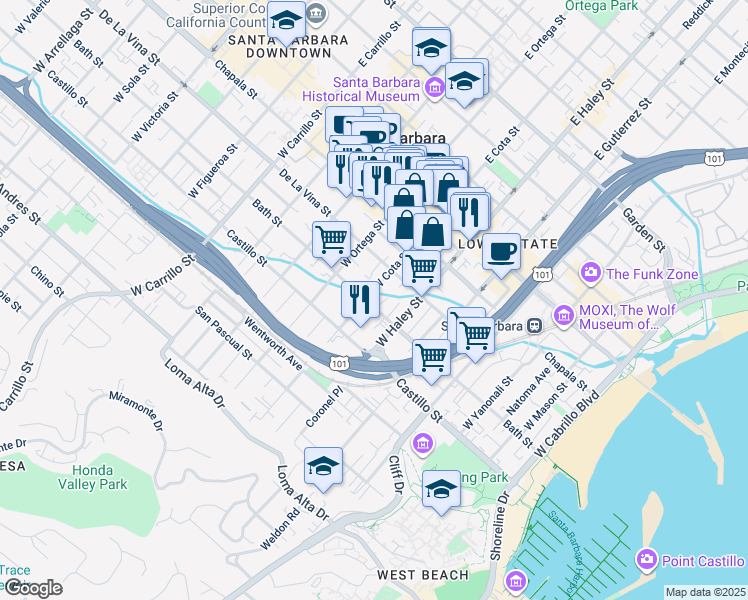 map of restaurants, bars, coffee shops, grocery stores, and more near 532 Bath Street in Santa Barbara
