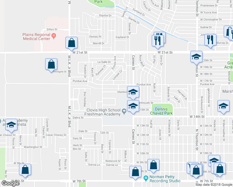 map of restaurants, bars, coffee shops, grocery stores, and more near 1001 Stanton Place in Clovis