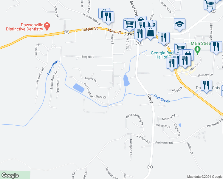 map of restaurants, bars, coffee shops, grocery stores, and more near 55 Pearl Chambers Court in Dawsonville
