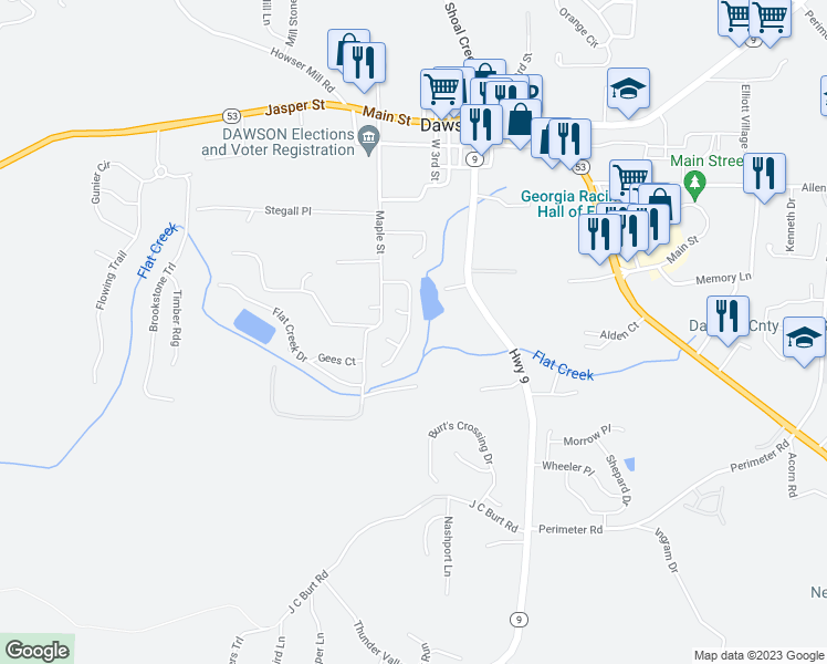 map of restaurants, bars, coffee shops, grocery stores, and more near 167 Pearl Chambers Drive in Dawsonville