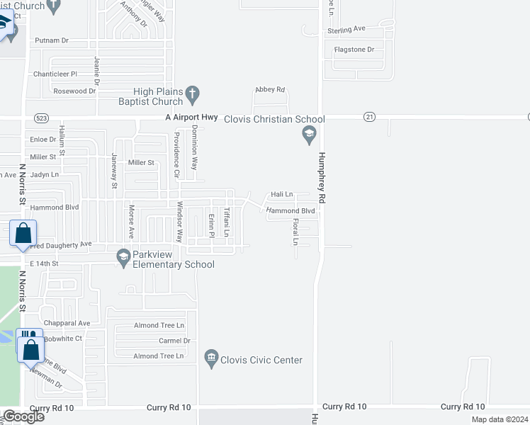 map of restaurants, bars, coffee shops, grocery stores, and more near 1813 Hali Lane in Clovis