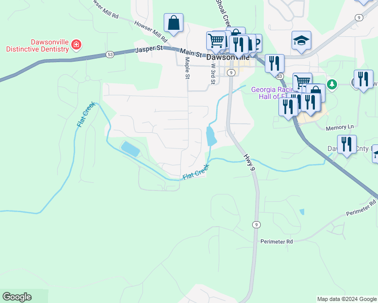 map of restaurants, bars, coffee shops, grocery stores, and more near 52 Pearl Chambers Court in Dawsonville