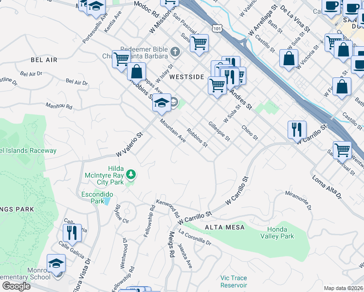 map of restaurants, bars, coffee shops, grocery stores, and more near 1501 Clearview Road in Santa Barbara