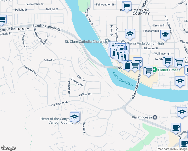 map of restaurants, bars, coffee shops, grocery stores, and more near 26956 Trestles Drive in Santa Clarita