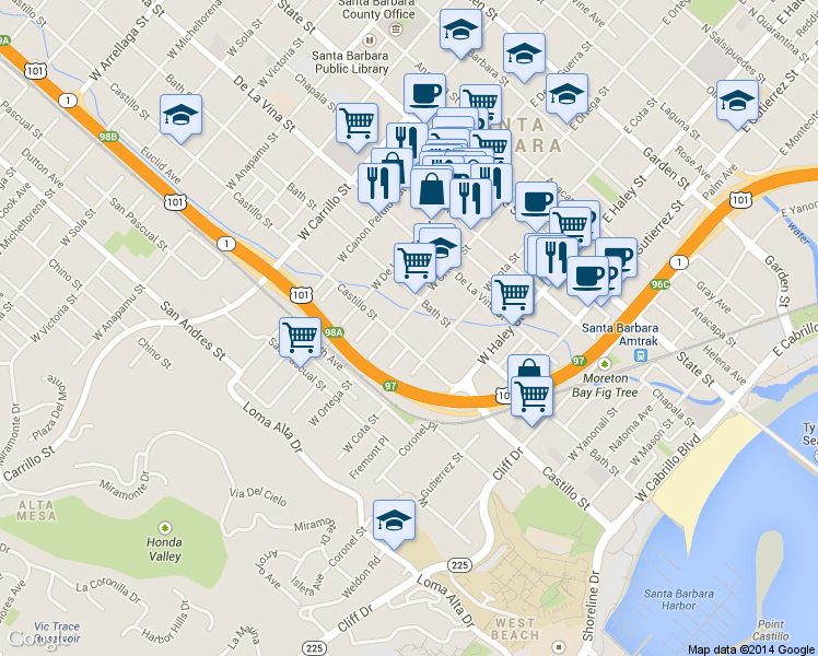 map of restaurants, bars, coffee shops, grocery stores, and more near 630 Castillo Street in Santa Barbara