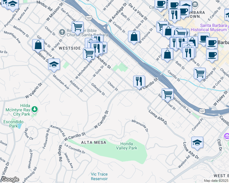 map of restaurants, bars, coffee shops, grocery stores, and more near 1135 Chino Street in Santa Barbara