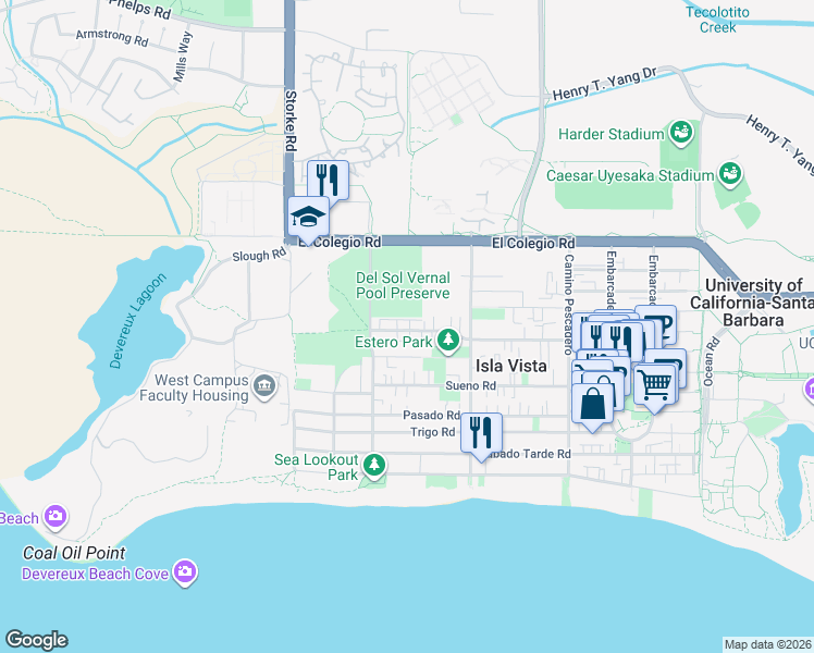 map of restaurants, bars, coffee shops, grocery stores, and more near 6764 Abrego Road in Goleta