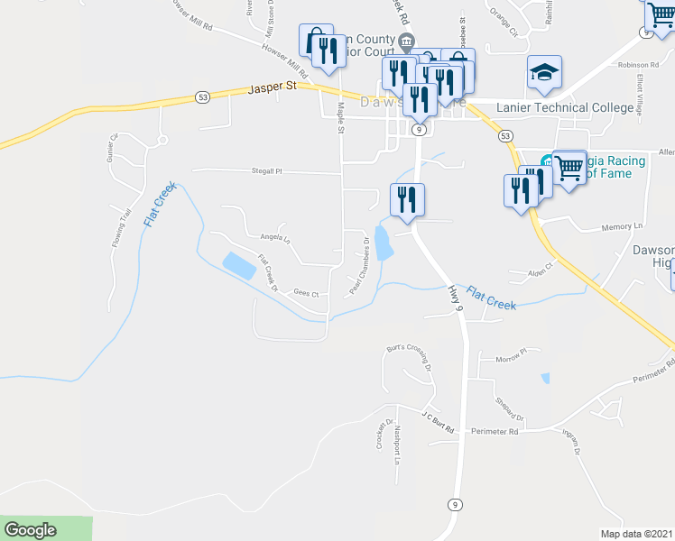 map of restaurants, bars, coffee shops, grocery stores, and more near 55 Pearl Chambers Court in Dawsonville