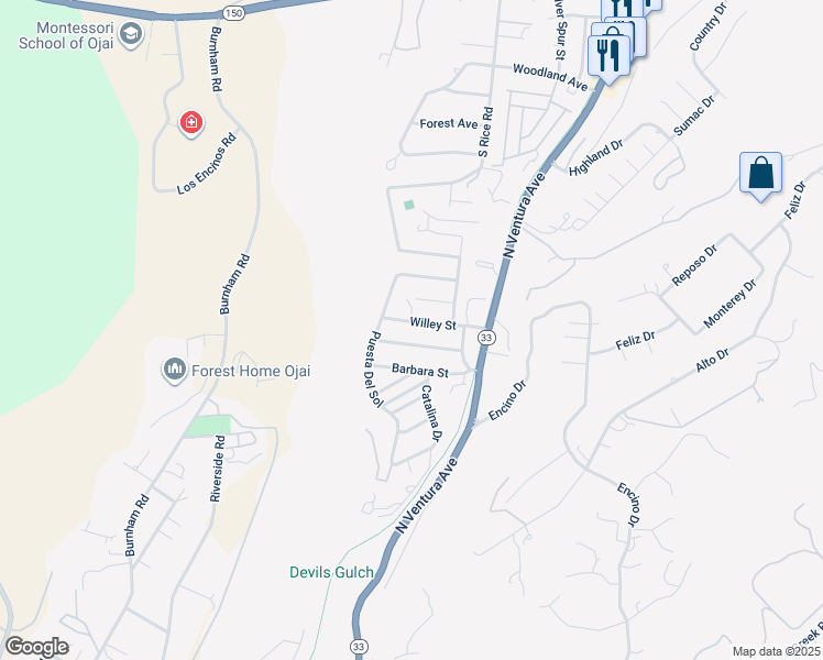map of restaurants, bars, coffee shops, grocery stores, and more near 116 Willey Street in Ojai
