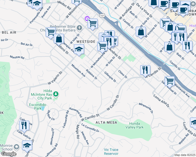 map of restaurants, bars, coffee shops, grocery stores, and more near 1326 Robbins Street in Santa Barbara