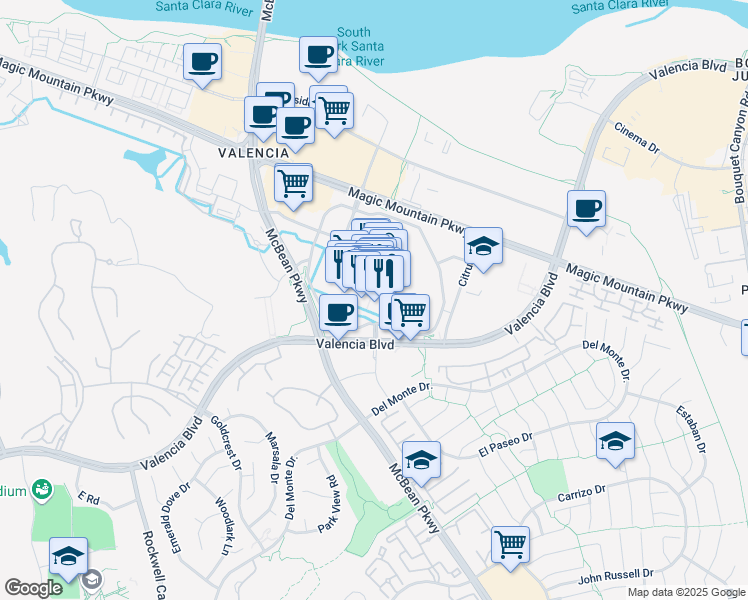 map of restaurants, bars, coffee shops, grocery stores, and more near 24201 Valencia Boulevard in Santa Clarita