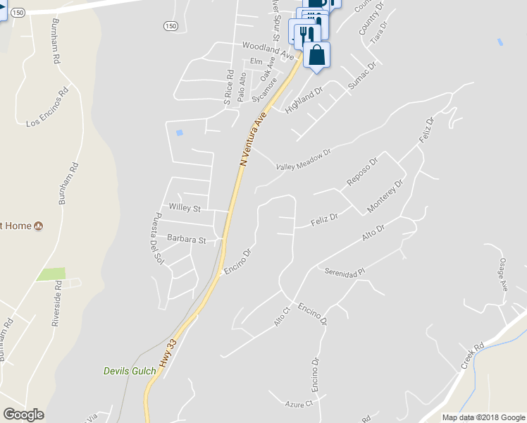 map of restaurants, bars, coffee shops, grocery stores, and more near 280 Encino Drive in Oak View