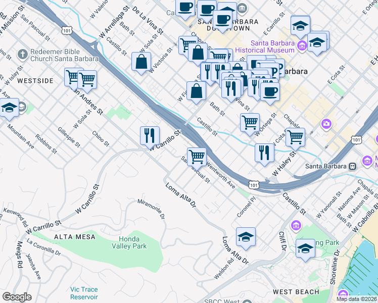 map of restaurants, bars, coffee shops, grocery stores, and more near 520 West Canon Perdido Street in Santa Barbara
