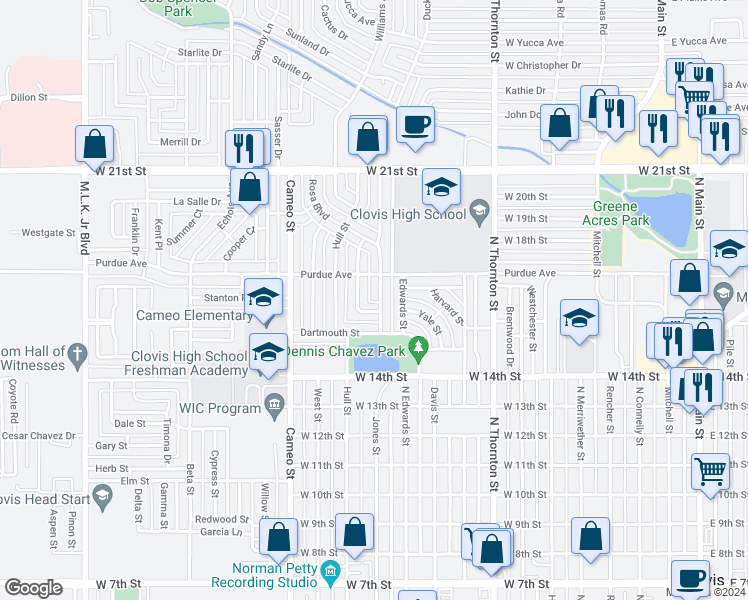 map of restaurants, bars, coffee shops, grocery stores, and more near 1812 Gerry Drive in Clovis
