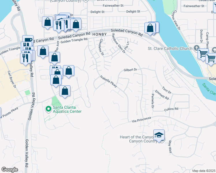 map of restaurants, bars, coffee shops, grocery stores, and more near 26807 Serrano Place in Santa Clarita