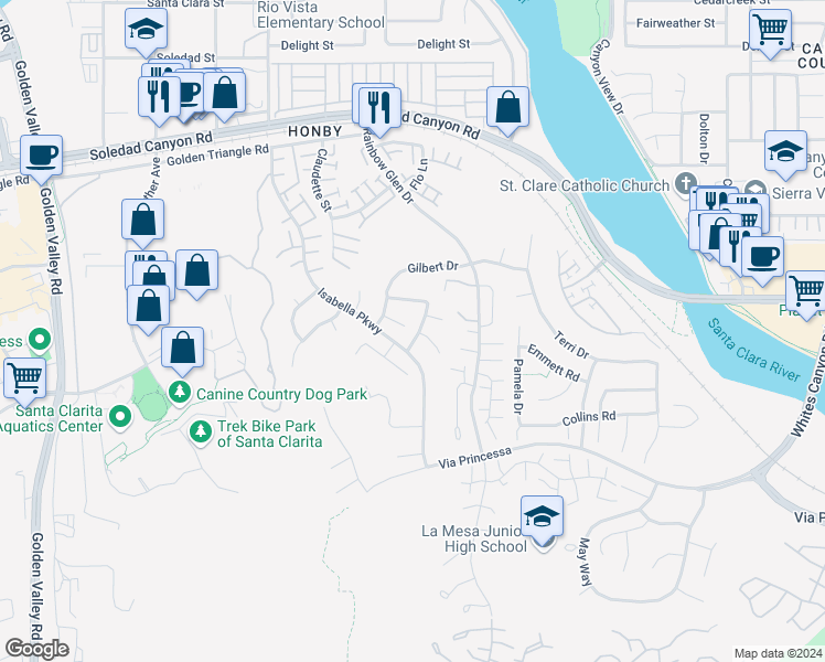 map of restaurants, bars, coffee shops, grocery stores, and more near 20215 Gratland Drive in Santa Clarita