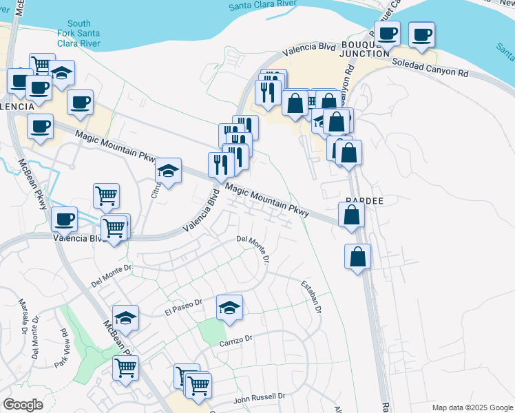 map of restaurants, bars, coffee shops, grocery stores, and more near 23616 Magic Mountain Parkway in Santa Clarita