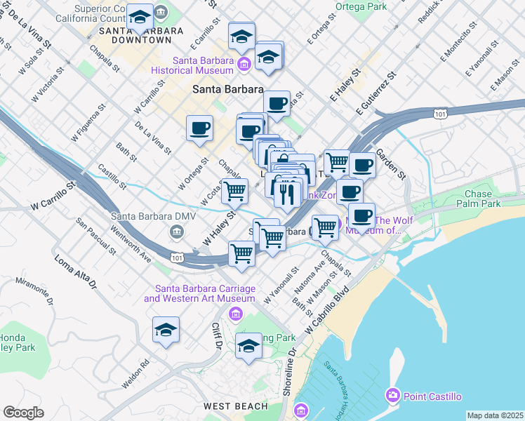 map of restaurants, bars, coffee shops, grocery stores, and more near 105 Gutierrez Street in Santa Barbara
