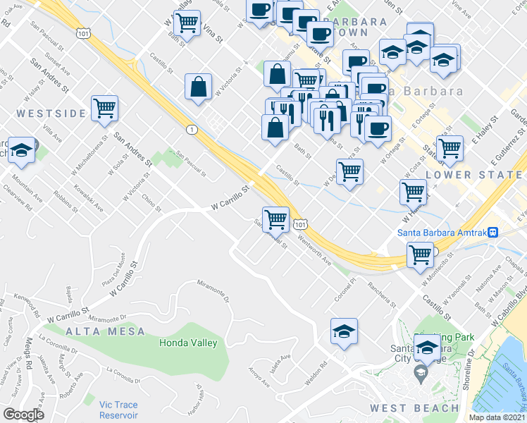 map of restaurants, bars, coffee shops, grocery stores, and more near 904 San Pascual Street in Santa Barbara
