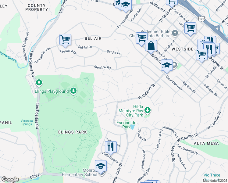 map of restaurants, bars, coffee shops, grocery stores, and more near 1732 Calle Poniente in Santa Barbara