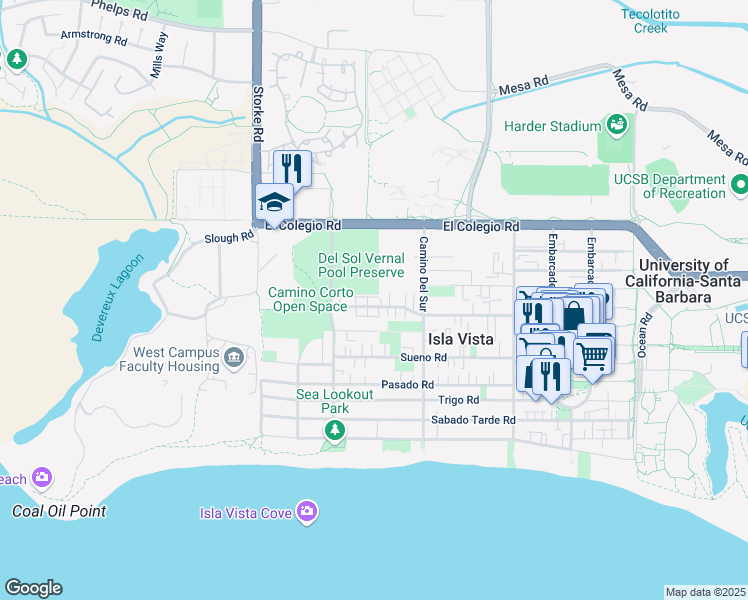 map of restaurants, bars, coffee shops, grocery stores, and more near 6764 Abrego Road in Goleta