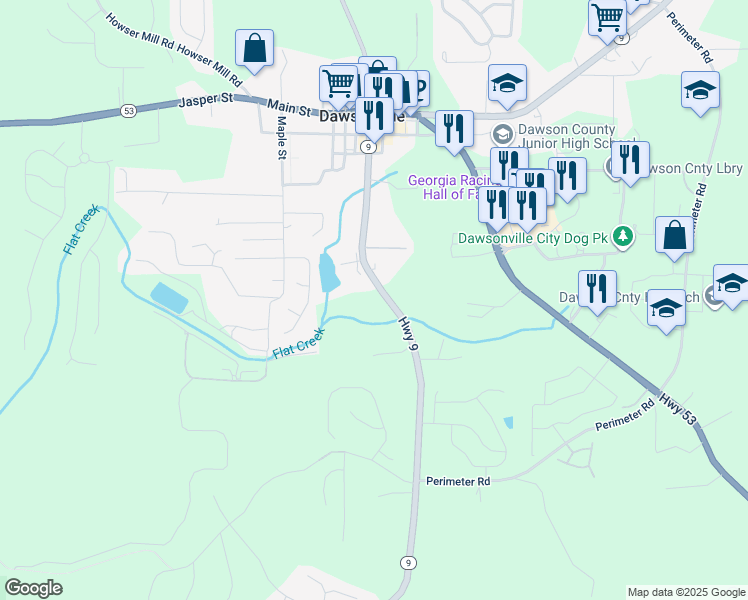 map of restaurants, bars, coffee shops, grocery stores, and more near 453 Georgia 9 in Dawsonville