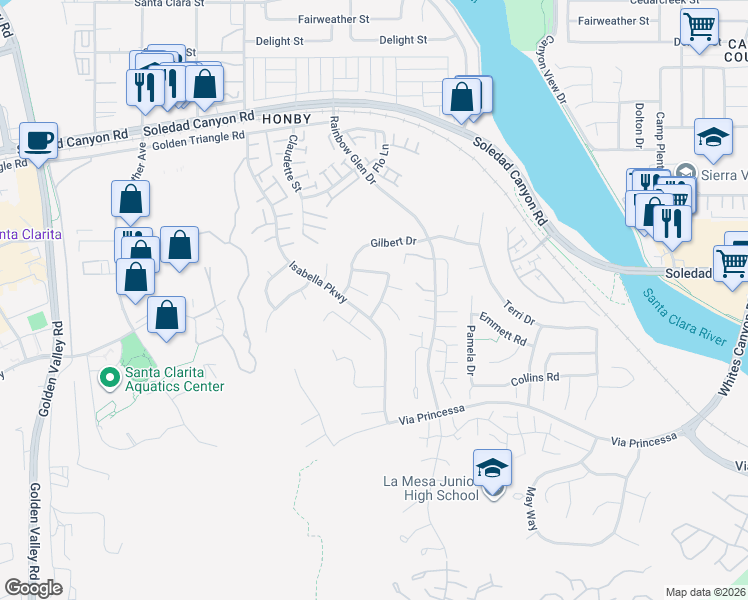 map of restaurants, bars, coffee shops, grocery stores, and more near 20215 Gratland Drive in Santa Clarita