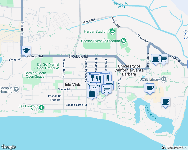 map of restaurants, bars, coffee shops, grocery stores, and more near 833 Embarcadero del Mar in Goleta
