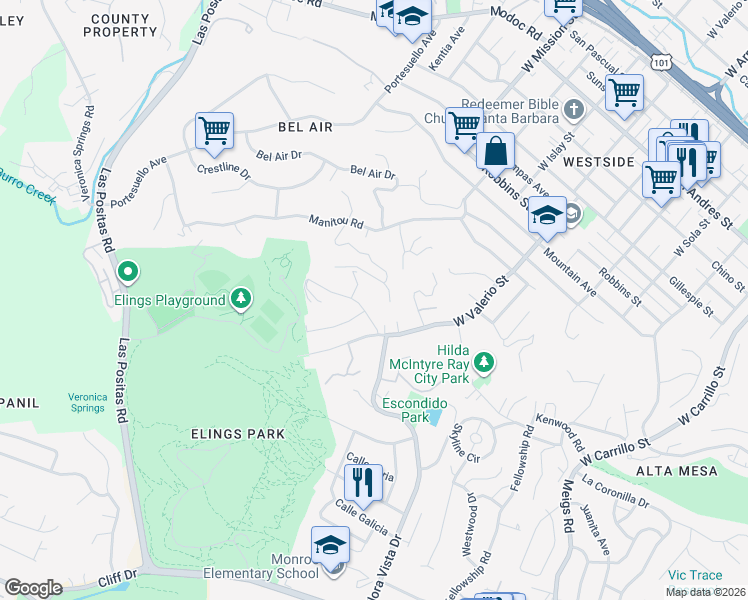 map of restaurants, bars, coffee shops, grocery stores, and more near 1732 Calle Poniente in Santa Barbara