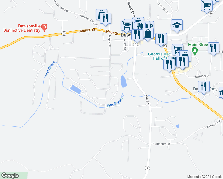 map of restaurants, bars, coffee shops, grocery stores, and more near 48 Pearl Chambers Court in Dawsonville