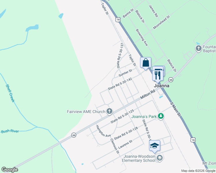 map of restaurants, bars, coffee shops, grocery stores, and more near 506 W Calhoun St in Joanna