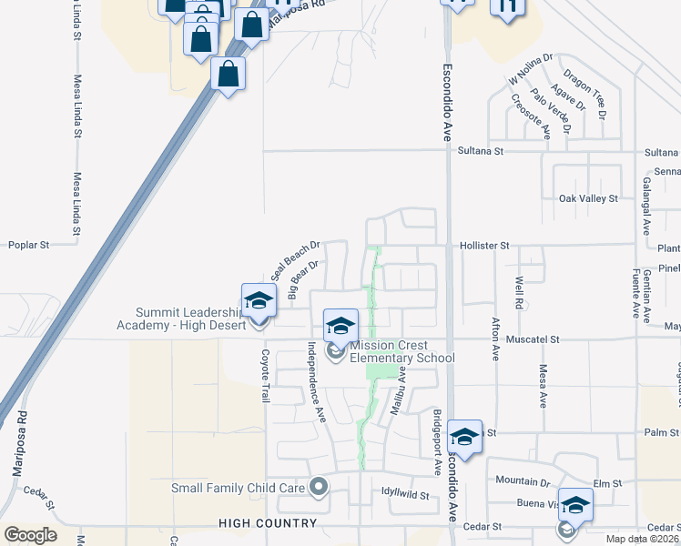map of restaurants, bars, coffee shops, grocery stores, and more near 9031 Carson Avenue in Hesperia