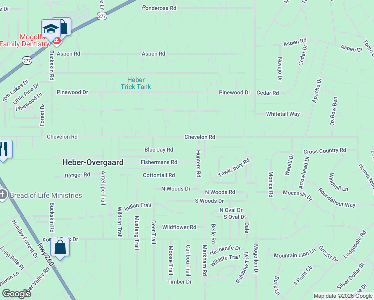 map of restaurants, bars, coffee shops, grocery stores, and more near 2157 Blue Jay Road in Heber-Overgaard