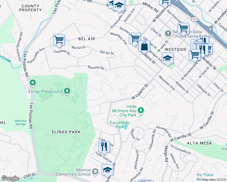 map of restaurants, bars, coffee shops, grocery stores, and more near 1415 La Cima Road in Santa Barbara