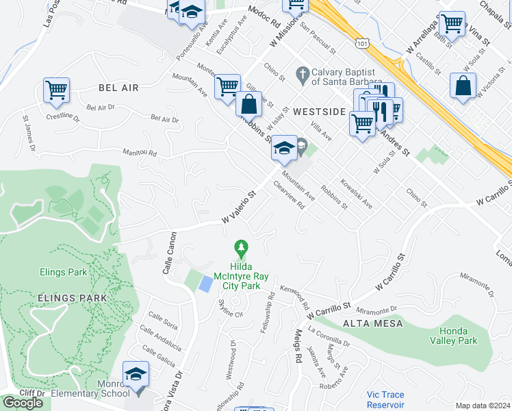 map of restaurants, bars, coffee shops, grocery stores, and more near 1152 Calle Del Sol in Santa Barbara