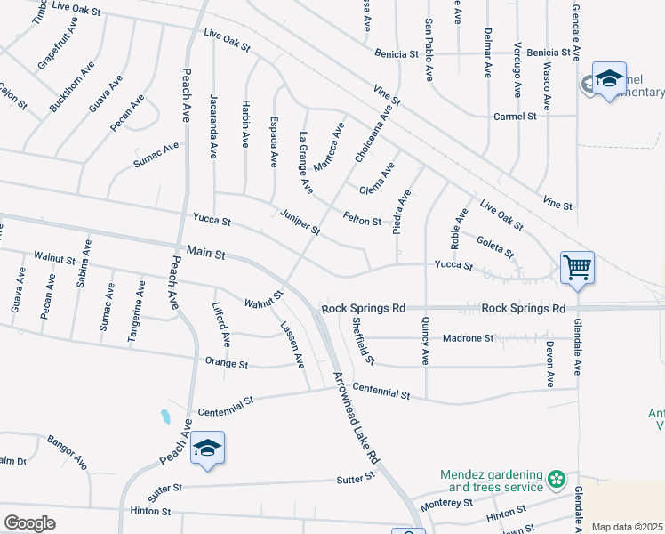 map of restaurants, bars, coffee shops, grocery stores, and more near 18754 Yucca Street in Hesperia