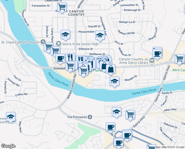 map of restaurants, bars, coffee shops, grocery stores, and more near 27141 Hidaway Avenue in Santa Clarita