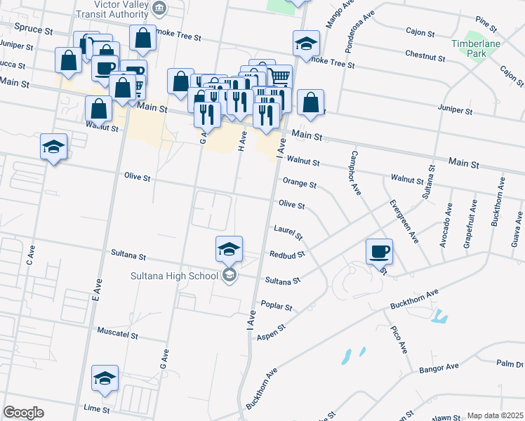 map of restaurants, bars, coffee shops, grocery stores, and more near 8892 I Avenue in Hesperia