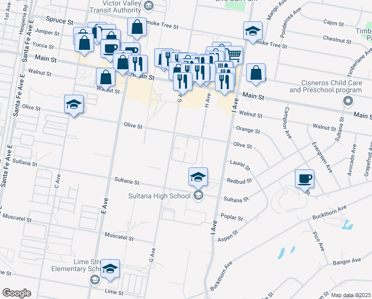 map of restaurants, bars, coffee shops, grocery stores, and more near 9051 G Avenue in Hesperia
