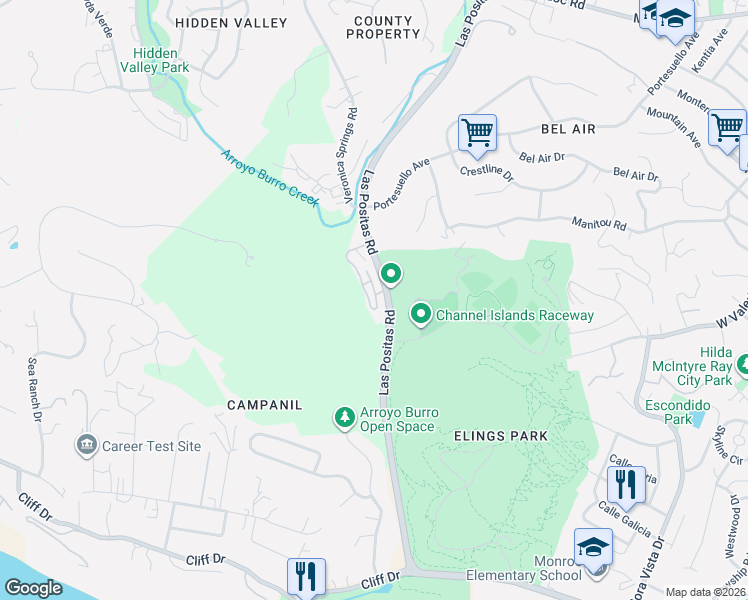 map of restaurants, bars, coffee shops, grocery stores, and more near 1205 Rebecca Lane in Santa Barbara