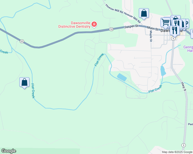 map of restaurants, bars, coffee shops, grocery stores, and more near 406 Brookstone Trail in Dawsonville